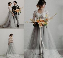 Summer Lace Tulle Grey Wedding Dresses V Neck Lace Half Sleeves A Line Bridal Gowns Custom Made Bohemia Wedding Gowns3826304