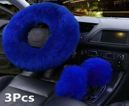 3Pcs Fur Car Steering Wheel Cover Mature Gem Blue Wool Furry y Thick Winter3262670