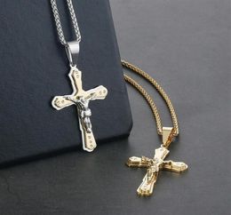 Fashion Men Jesus Jewellery Crystal Cross Crucifix Pendant Necklaces Stainless Steel chain for Men Gold Colour Necklace Jewelry262Q4456333