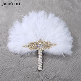 JaneVini Luxury Crystal White Ostrich Feather Fan for Bride Decorative Nigerian Traditional Bridal Hand Fan Wedding Bouquets