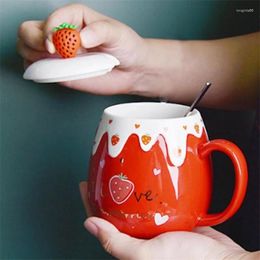 Mugs 500ml Cute Ceramic Mug With Lid Spoon Creative Large Capacity Strawberry Water Cups Home Milk Breakfast Coffee Cup Girl Gifts