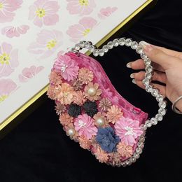 Flower Applique Women Handbag Luxury Diamond Evening Clutch Ladies Rhinestone Wedding Purses Velvet Pearls Bags for Women Chic