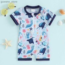 Endelar Nyfödda spädbarn Baby Boy Swimsuit Dinosaur Octopus Tryck Kort ärm Zip Up utslag Guard Badkläder Solskydd Badkassor Y240412