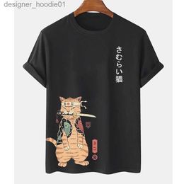 Men's Hoodies Sweatshirts Cartoon anime Sarai cat print mens T-shirt outdoor hip-hop Harajuku retro clothing casual O-neck loose short sleeved T-shirt C240412