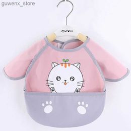 Bibs Burp Cloths Cute Cartoon Baby Bib Adjustable Animal Pattern Waterproof Saliva Dripping Bibs Long Sleeve Apron Saliva Towel Drooling Scarf Y240412