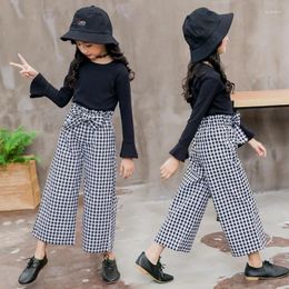 Clothing Sets Girl Clothes Set Children Flared Long Sleeve Solid Black T-shirt Plaid Wide Leg Pants Suits 2pcs Outfits Kids