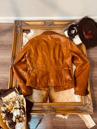 YR!Free shipping.Cidu Brand.luxury quality Sunset yellow soft cowhide jacket.West Vintage style real leather coat.fashion