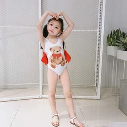 One-Pieces Lovely Bear Baby Girls Swimwear Ruffles Bows Swimsuit For Kids Toddler 12M Cartoon Bathing Suit 210529 Drop Delivery Mate Dh4Pr