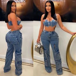 Women's Jeans Echoine Design Fashion Washing Skinny Pocket Cargo Denim Pants Streetwear Y2K Hight Waist Blue Party Women Trousers