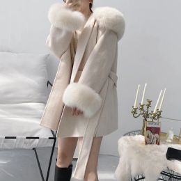 New Oversize Ladies Outerwear 2023 Real Fur Coat Winter Jacket Women Natural Fox Fur Collar Cuffs Hood Cashmere Wool Woollen