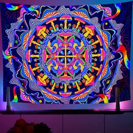 Psychedelic UV Reactive Fluorescent Tapestry Mushroom Home Decor Wall Hanging Witchcraft Skull Flowers Bright Under Blue Light