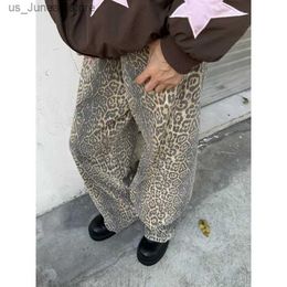 Women's Pants Capris Vintage Leopard Print Casual Jeans Men Y2K Strtwear Hip Hop Washed Loose Fashion Strt High Waist Straight Leg Jeans T240412