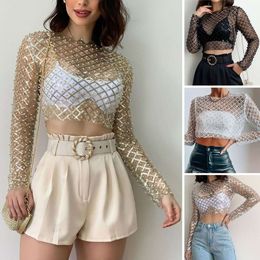 2024 European And American Foreign Trade New Amazon Hot Selling Women's Clothing Sexy Mesh Studded Sequin Long Sleeved Top T-Shirt