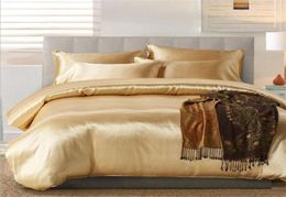 100 Good Quality Satin Silk Bedding Sets Flat Solid Colour UK Size 3 pcs Gold Duvet Cover Flat Sheet Pillowcases4212409