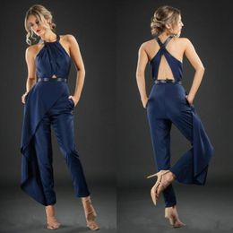Designer Navy Blue Jumpsuit Evening Dresses Prom Gowns Cross Strap Sash Satin Pant Suits Ankle Length Casual Clothes1378279