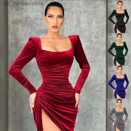 Basic Casual Dresses Sexy Red Velvet Dress Women Autumn 2022 Fashion Square Collar Spring Split Midi Dresses Long Slve Elegant Party Club Dress T240412