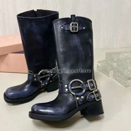 Woman Miui Shoes Boots Harness Belt Buckled Cowhide Leather Biker Knee Boots Chunky Heel Zip Knight Boots Square Toe Ankle for Women Designer Shoes Factory 480