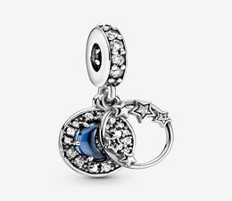 925 Sterling Silver Blue Night Sky Crescent Moon and Stars Dangle Charm Fit Bracelet Necklace pendant Charm DIY Jewellery 2103196082477