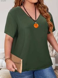 Women's T-Shirt Plus Size Large womens V-neck mesh patchwork T-shirtL2403