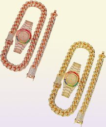 Chains Necklace Watch Bracelet Miami Cuban Link Chain Big Gold Iced Out Rhinestone Bling Cubana Mens Hip Hop Jewelry 9891378
