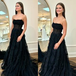 Gorgeous black a line prom dress strapless tulle evening dresses elegant unique skirt design backless formal dresses for women