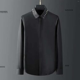 Men's Casual Shirts Minglu Solid Colour Mens Metal Diamond Rivets Long Sleeve Dress Fashion Slim Fit Party Man Shirt