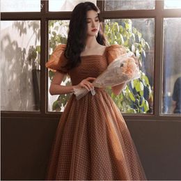 Party Dresses Square Collar Long Evening With Dots Puffy Sleeves Floor Length Birthday Formal Gowns Graduation Prom Bridesmaid Dress