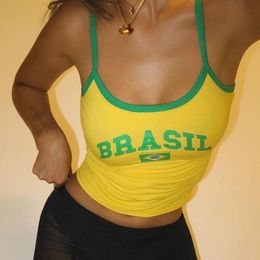 Sexy Brazil Streetwear Sling Yellow Crop Top For Women Girl Casual Clothes Elastic Camis Sleeveless Backless Short Tank Tops 240327
