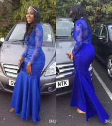 New Royal Blue Sheer Long Sleeves Evening Dresses 2022 Fashion Lace Appliques Cheap Mermaid Prom Dresses Long Party Gowns For Blac6480148