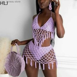 Basic Casual Dresses HLJ Sexy Knitting Hollow Out Beach Two Piece Sets Women Halter Slveless Crop Top And Mini Skirts Outfits Female Solid Clothes T240412