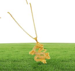 Micro Inlaid Zircon Dragon Pendant Chain 18k Yellow Gold Filled Fashion Womens Mens Pendant Necklace 6012933