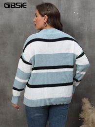GIBSIE Plus Size Sweater for Women 2023 Autumn Winter Long Sleeve V Neck Colour Block Striped Casual Knitted Pullover Tops