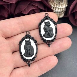 4pcs 42*24mm Vintage Gothic Black Cat Cameo Charms Halloween Witch Pendant Fit Jewellery Making DIY Jewellery Findings