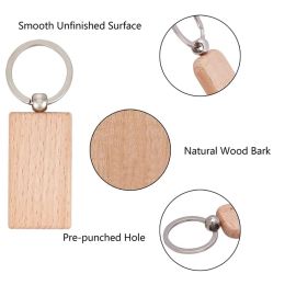Cute Blank Round Rectangle Heart Natural Wooden Key Chain DIY Engrave Wood Tags Accessories Keyring Party Handmade Gifts Supplie