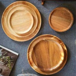 Wooden Tray Simple Round Serving Tray Retro Wood Plates Fruit Dessert Tray Snack Fruit Platter Food Plate Dish Storage Tray
