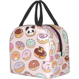 Kawaii Donuts Insulated Lunch Bag Reusable Lunch Box for Girls Cooler Lunch Tote Bag with Front Pocket for School Picnic Office