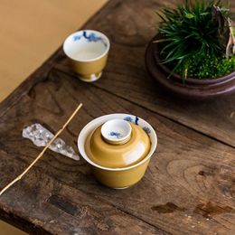 Cups Saucers 110ml Hand Painted Pine Porcelain Gaiwan For Tea Yellow Tureen With Lid Teaware Small Ceremony Bowls Chinese Chawan