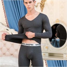 Mens Thermal Underwear 2024 Seamless Set High-End Cationic V-Neck Poly Heat Plus Veet Thin Base Men Winter Clothes Drop Delivery Appar Ot4Ha