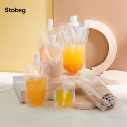 StoBag 100pcs Liquid Packaging Drinking Nozzle Bags Transparent Frosted Matte Clear Juice Beverage Sealed Storage Reusable Pouch