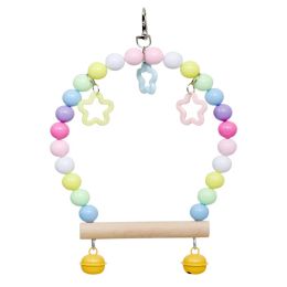 Natural Wooden Parrots Swing Toy Parakeet Birds Colourful Beads Bird Supplies Bells Toys Perch Hanging Swings Cage for Pets