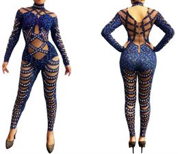 Sexy Bling Rhinestone Jumpsuit Unisex Stretch Bodysuit Party Stage Costumes Wear For Women Singer Dance Performance Deejay