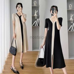 Maternity Dresses Maternity Summer Short Sleeve Dress 2024 New Clothes For Pregnant Women Elegant V-Neck Patchwork Knit Slim Pregnancy Dresses 24412