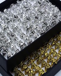 Lot Skull Rings Carved Biker Men SilverGold Plated Alloy Ring Fashion Jewellery 50 PcsLot6279203