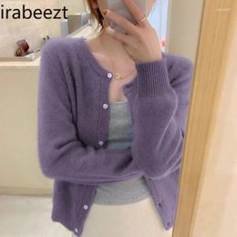 Women's Knits Spring And Autumn Round Neck Purple Short Knit Small Cardigan Loose Outside To Wear Sweater Coat Women Sueters De Mujer