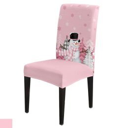 Christmas Pink Christmas Tree Snowman Chair Cover Set Kitchen Stretch Spandex Seat Slipcover Home Decor Dining Room Seat Cover