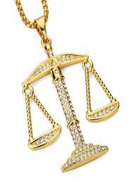 Justice Balance Scales Pendant Necklace Fashion Gold Colour Charm Men Women CZ Stone Rhinestone Crystal Hiphop Jewellery Alloy9582621