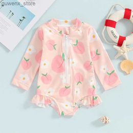 One-Pieces 6M-4T Baby Girl Swimsuit Summer Fruit Print Pleated Long Sleeved Monokini Toddler Swimsuit Beach Cute Swimsuit Beachwear Y240412