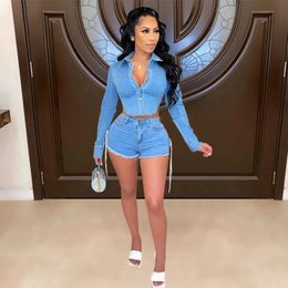 Women Denim Two 2 Piece Set Classic Backless Crop Tops and Lace Up Shorts Matching Outfits Streetwear Jean Tracksuit 240412
