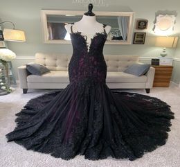 Black Purple Gothic Mermaid Wedding Dress With Sleeveless Sequined Lace Non White Colourful Bride Dresses Custom Made9362531