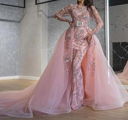 2022 Pink Mermaid Formal Gowns Long Sleeves Evening Dress Sparkly Beading Mermaid Prom Dresses with Detachable Train7412822